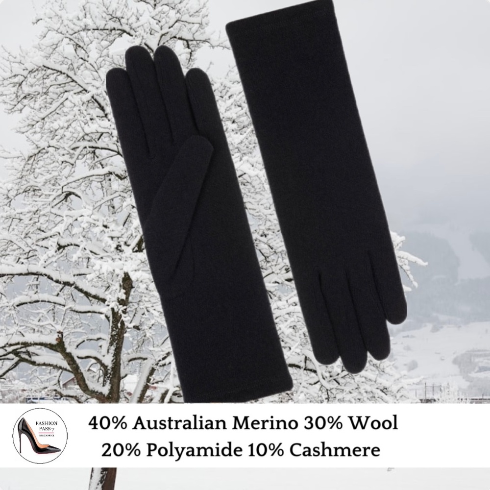 Luxury Cashmere Merino Wool Gloves Classic Black Winter Mittens Fleece inside